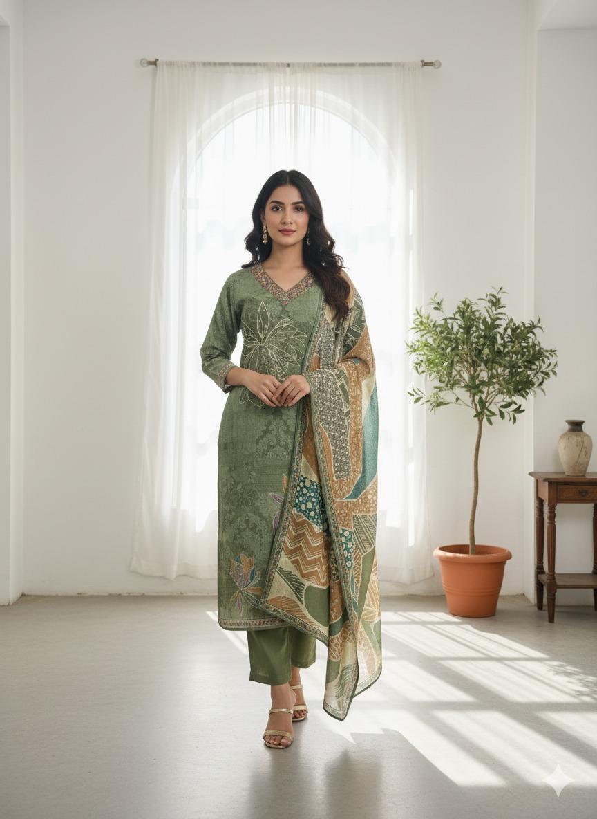 Green Ash Crepe Silk Slitted Kurthi Set